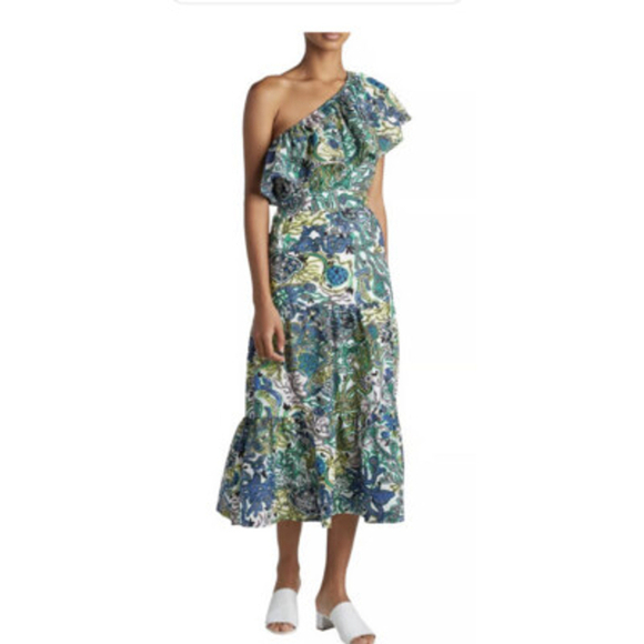 Women's A.L.C. One Shoulder Dress S White Blue Green Paisley Print - Picture 2 of 10